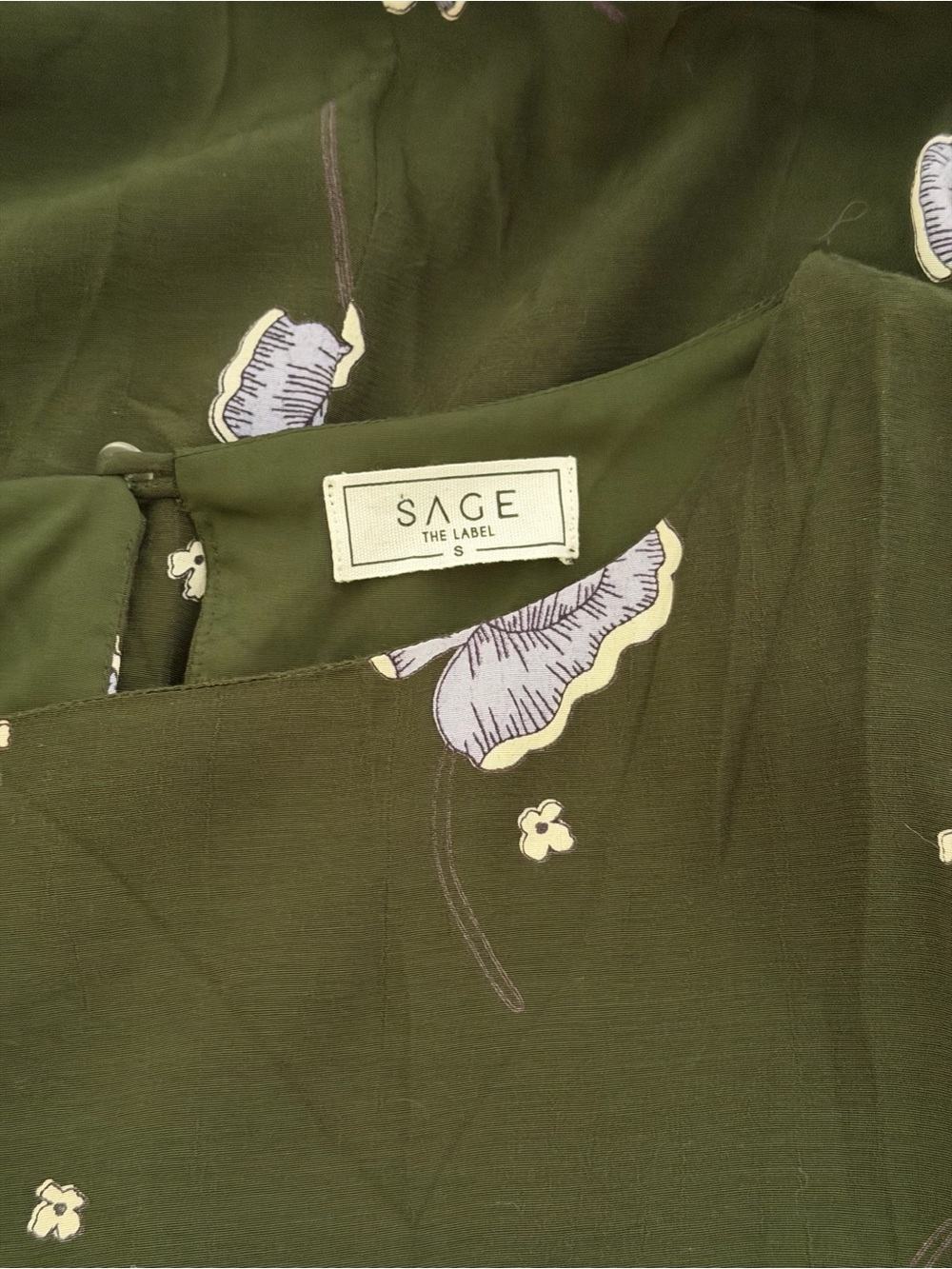 Sage the Label | Dark Green Mini Dress with Lavender Floral Print - Size Small - Picture 5 of 5
